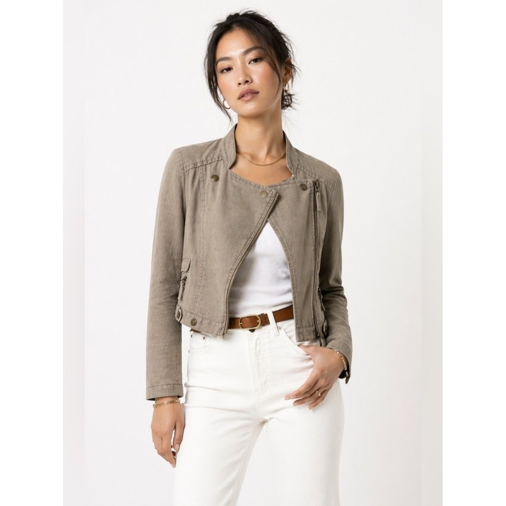 Taupe Neutral Linen Cropped Moto Jacket 4 Petite